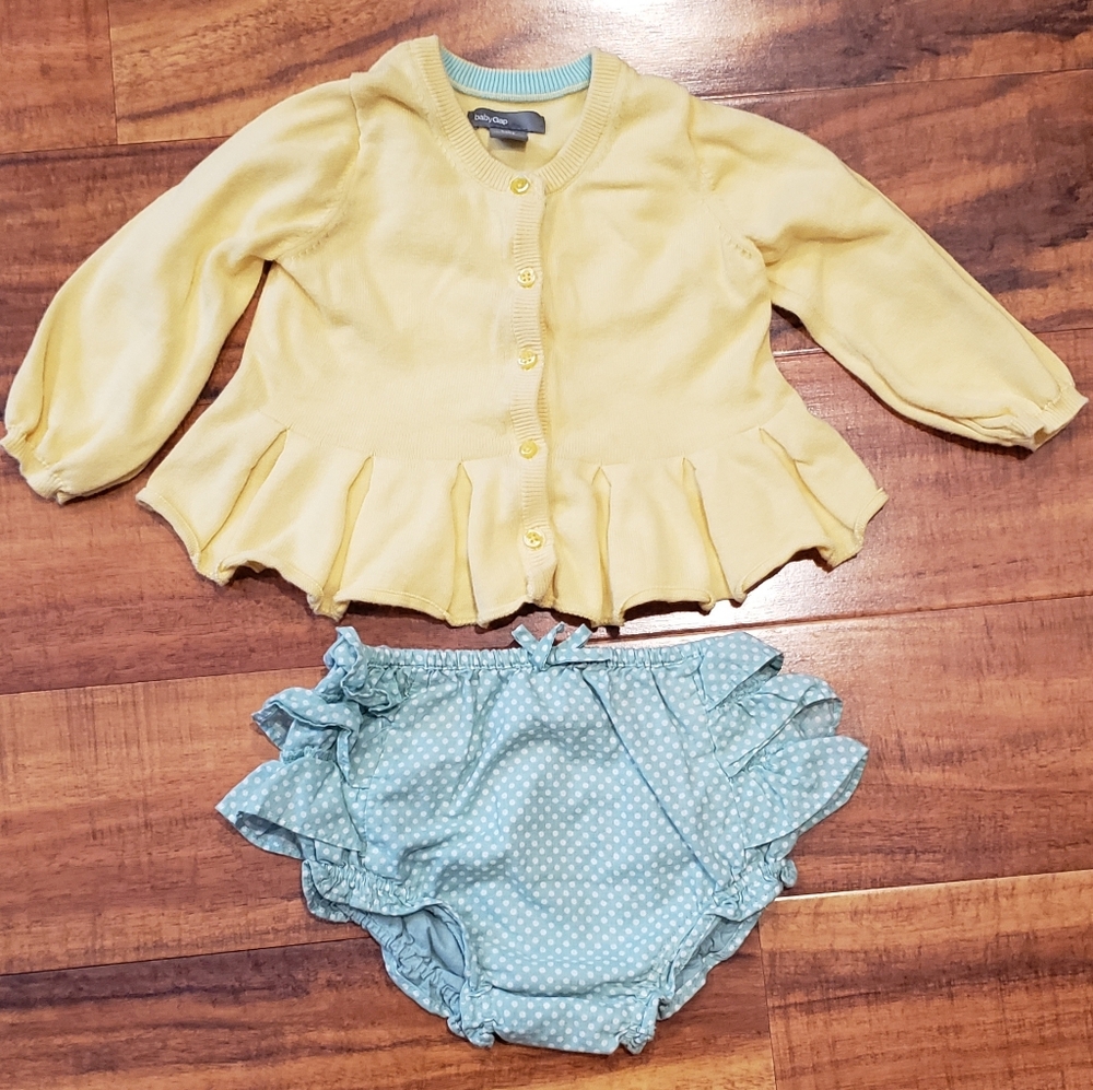 Gap Baby EUC 12-18 months yellow peplum cardigan w/ ruffles & polka dot bloomers